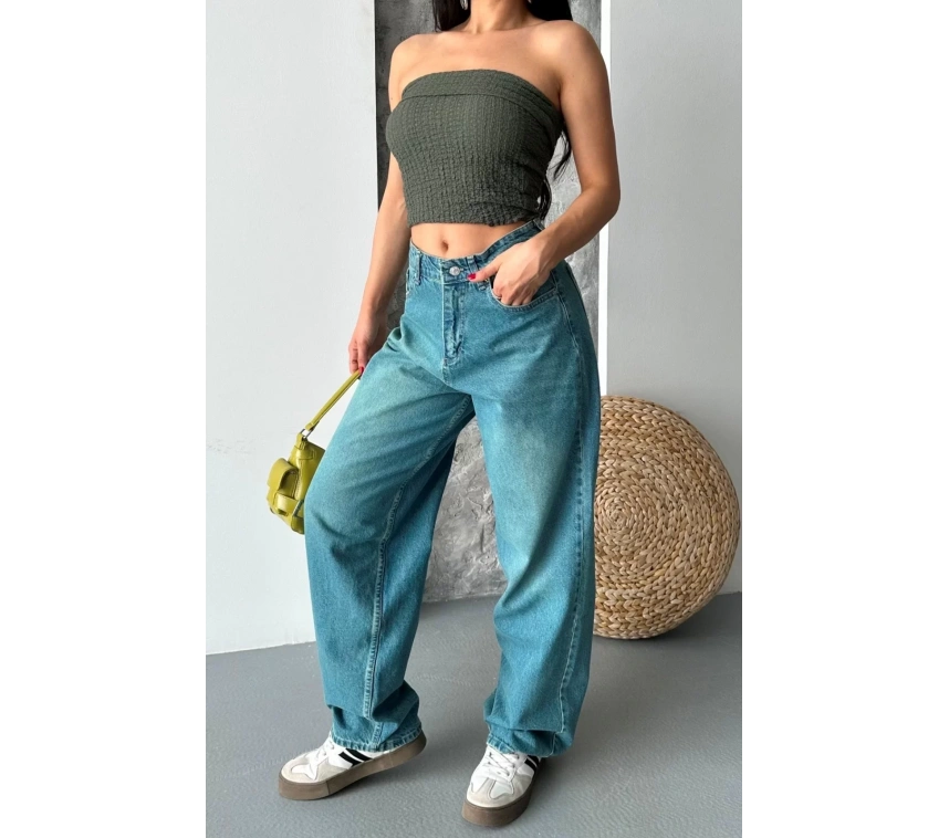 Baggy taş enzim bıyık yıkama jeans pantolon yeşil tint d2007