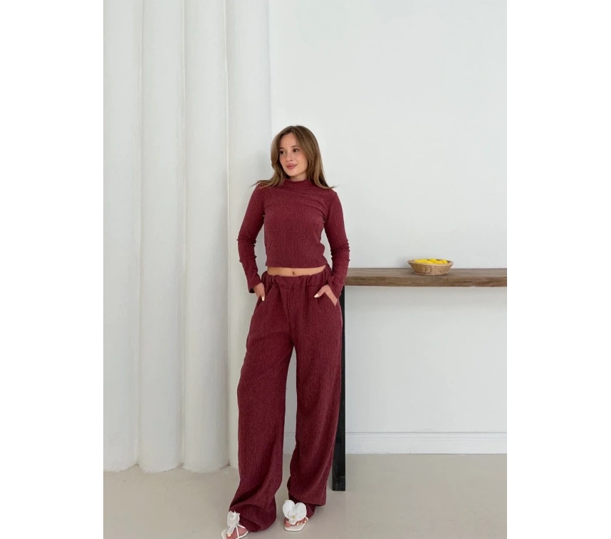 Balıkçı yaka örme takım bordo st265865