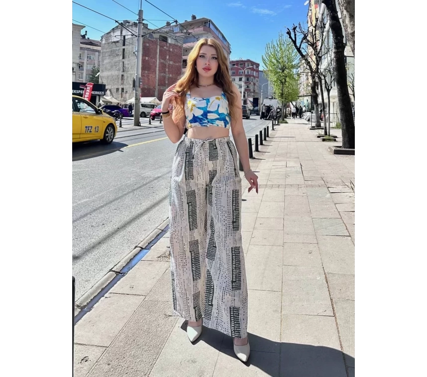 Baskılı Bağcıklı keten pantolon krem