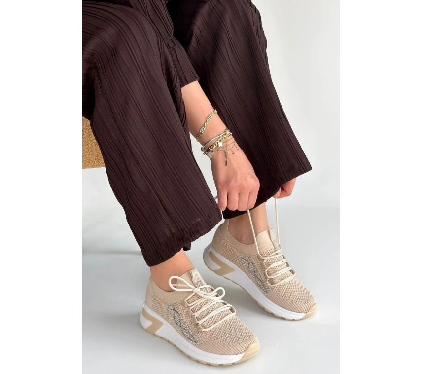 Belan Bej Triko Bağcıklı Spor Ayakkabı