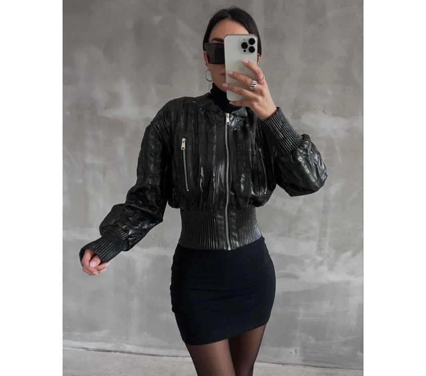 Beli büzgülü crop deri ceket siyah