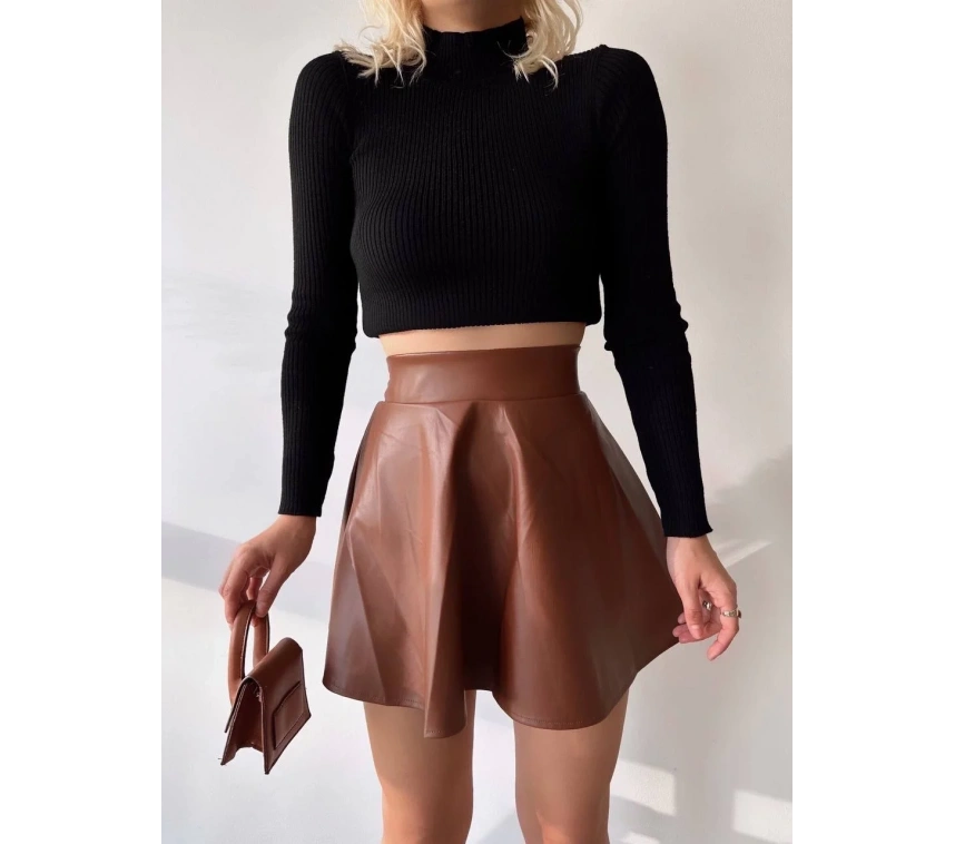 Beli lastikli deri etek kahve s24599