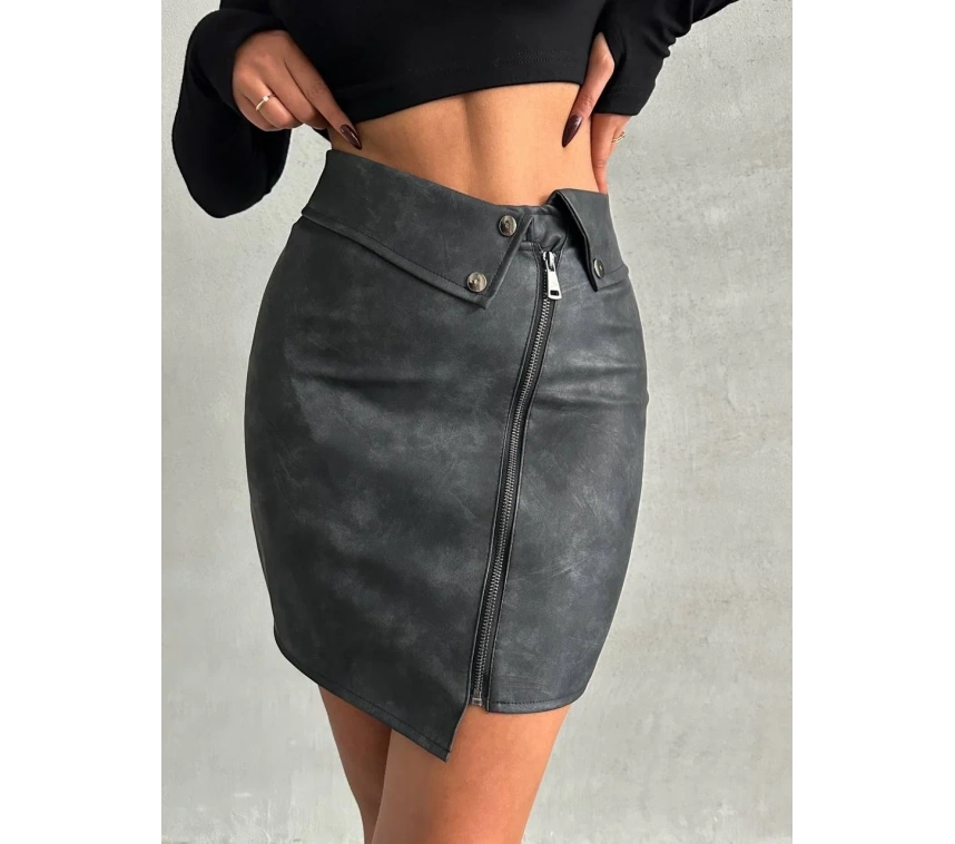 Beli pervazlı fermuarlı eskitme deri etek w24431