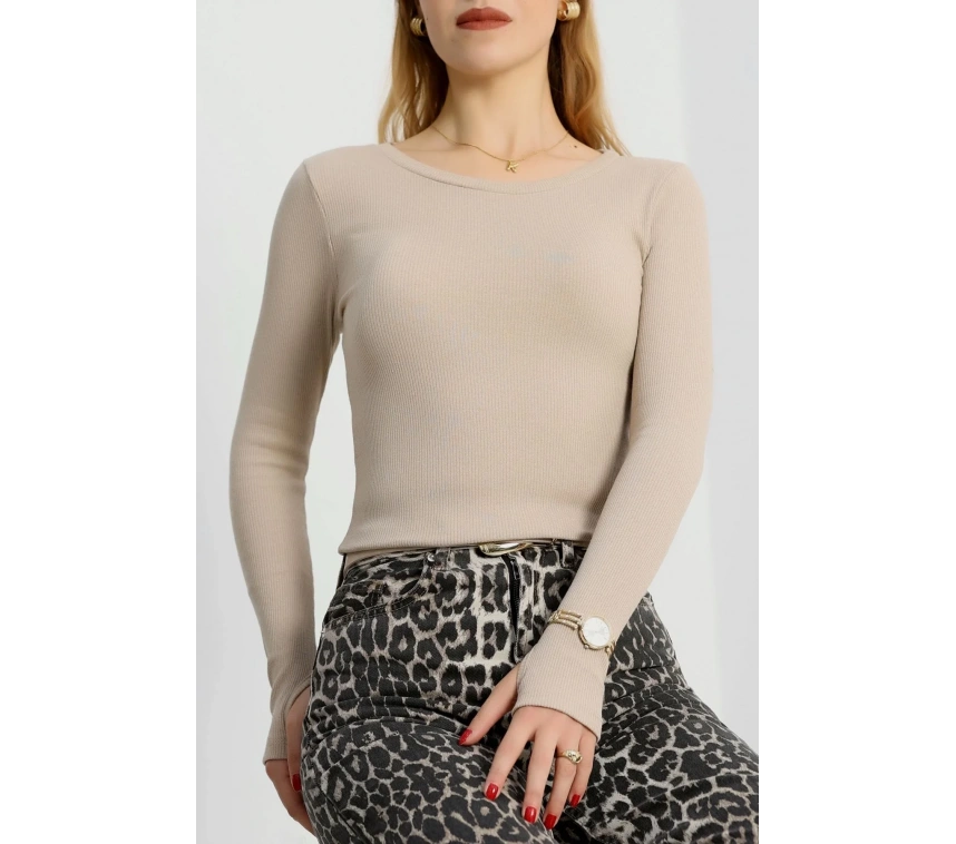 Bisiklet Yaka Parmak Geçmeli Kaşkorse bluz bej