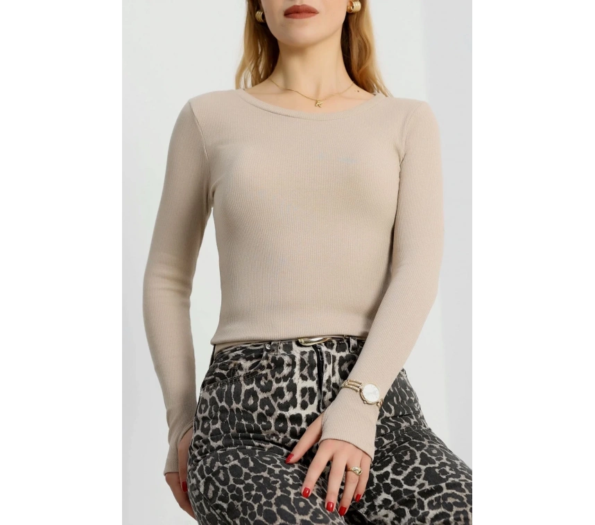 Bisiklet Yaka Parmak Geçmeli Kaşkorse bluz bej a3829