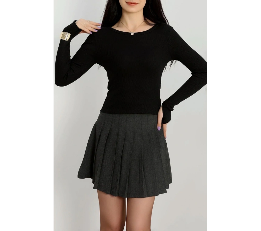 Bisiklet Yaka Parmak Geçmeli Kaşkorse bluz siyah