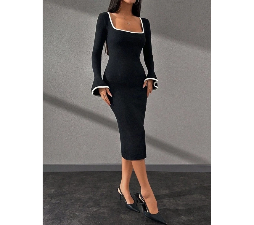 Biyeli midi boy elbise siyah