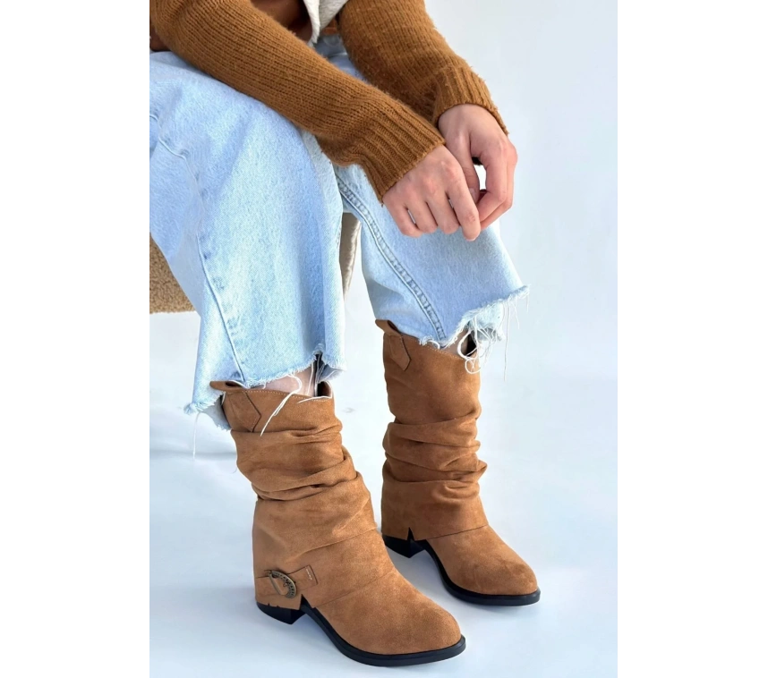 Canty Taba Süet Körüklü Topuklu Çizme