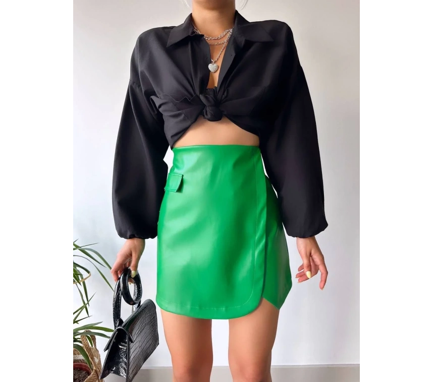 Cep detaylı oval kapaklı deri etek yeşil h240048
