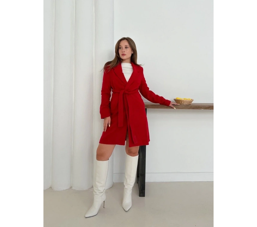 Cepli kuşaklı kaşe kaban kırmızı st26458