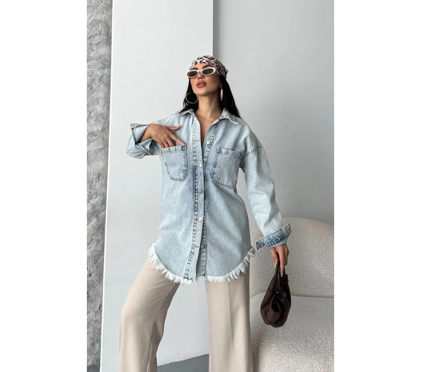 Cepli püsküllü kar yıkama kot ceket mavi