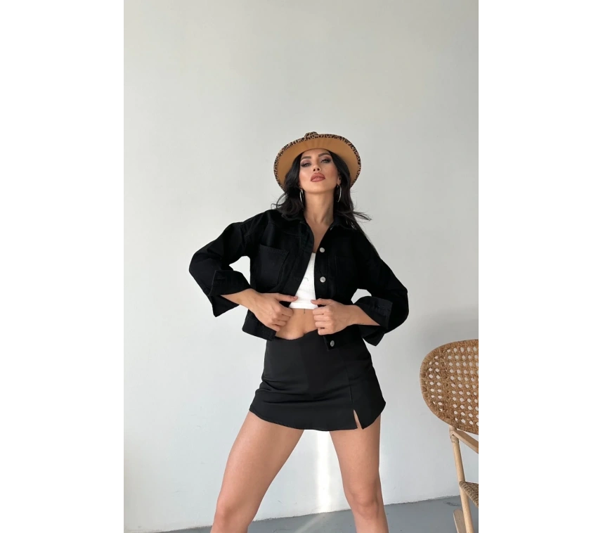 Çift cepli kol katlamalı süper taş enzim yıkamalı crop kot ceket siyah