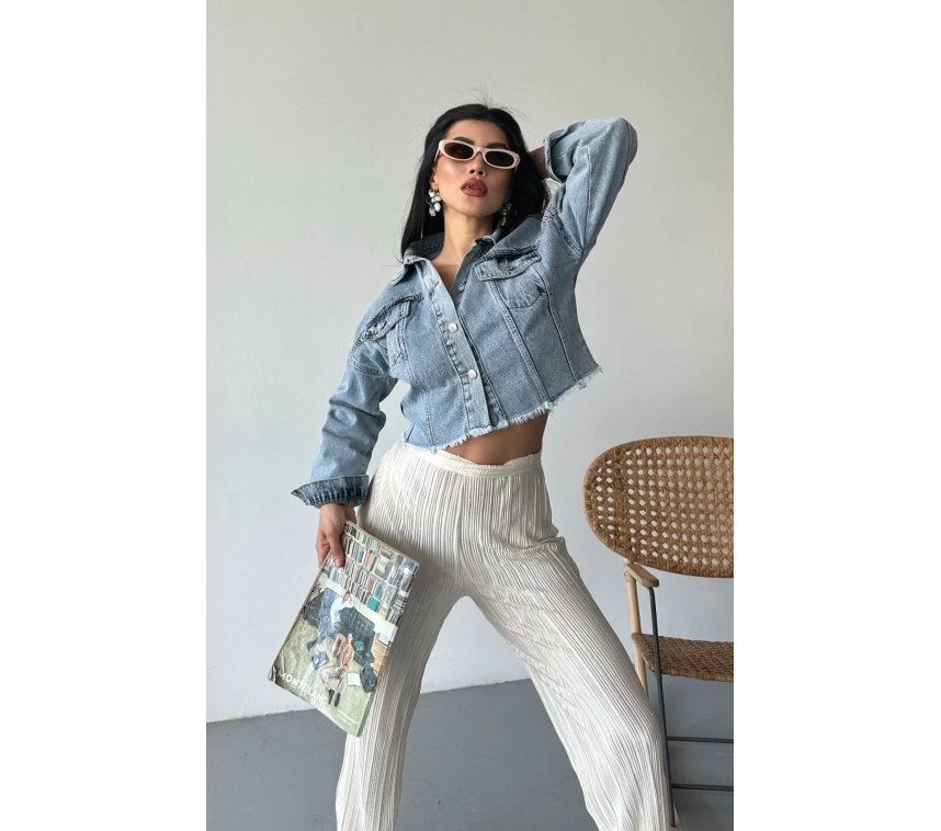 Çift kapaklı püsküllü crop buz mavi