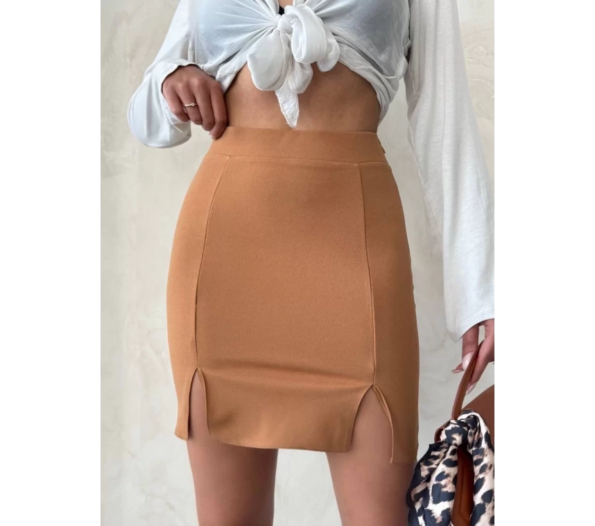 Çift yırtmaçlı etek camel s25910