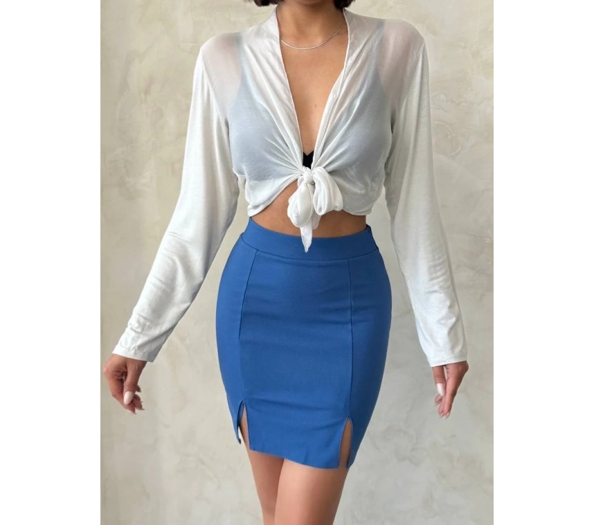 Çift yırtmaçlı etek indigo s25910