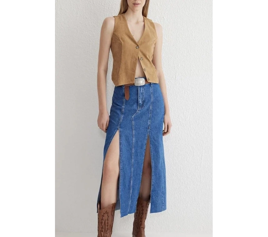 Çift yırtmaçlı jean etek s140