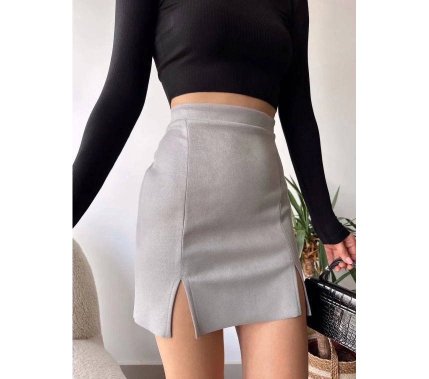 Çift yurtmaçlı süet etek gri