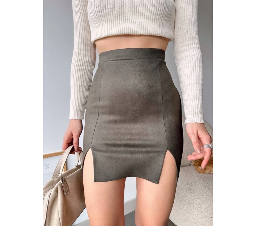 Çift yurtmaçlı süet etek haki