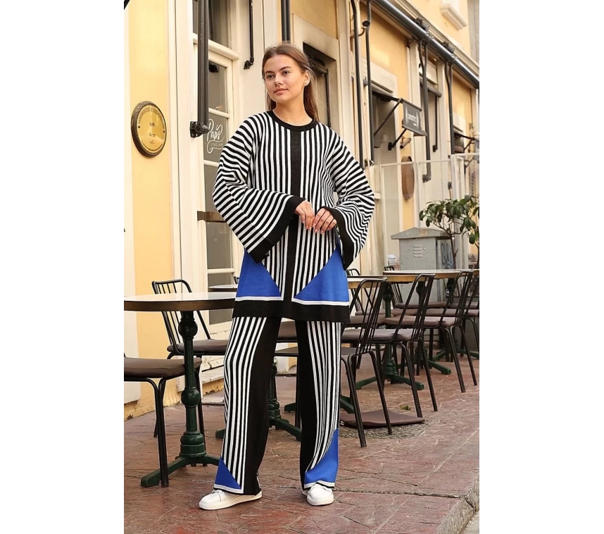 Çizgili bisiklet yaka triko takım siyah