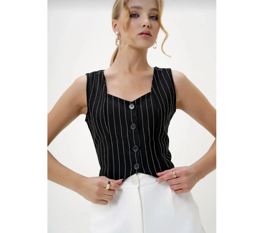 Çizgili krep düğmeli yelek siyah s3395
