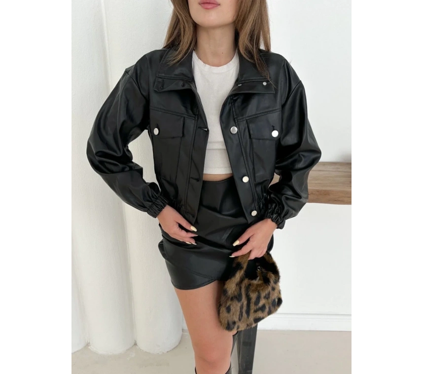 Crop bomber deri ceket siyah st2551985