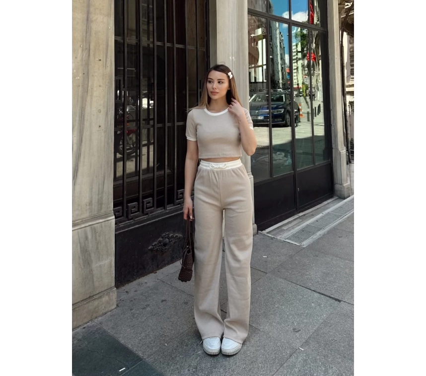 Crop pantolon biyeli takım bej