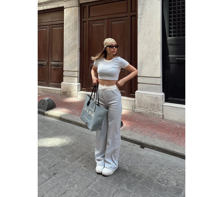 Crop pantolon biyeli takım gri