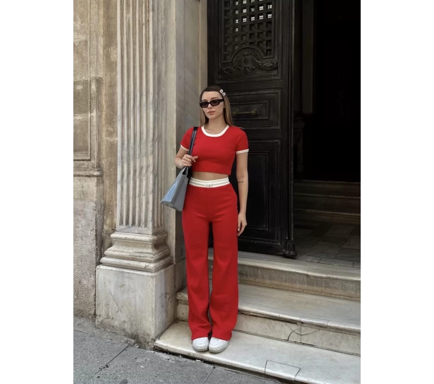 Crop pantolon biyeli takım kırmızı