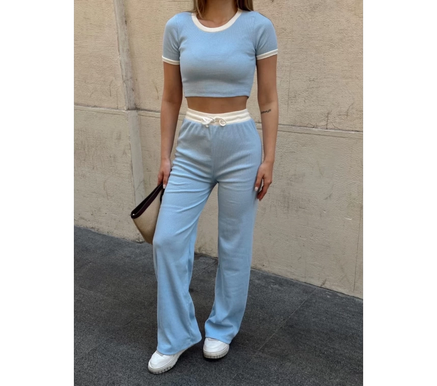 Crop pantolon biyeli takım mavi