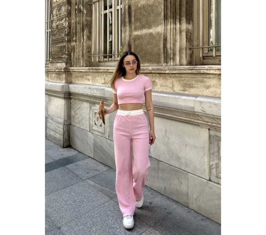 Crop pantolon biyeli takım pembe