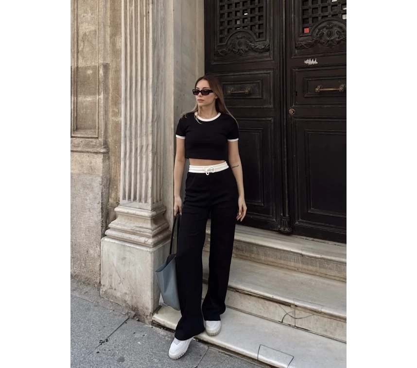 Crop pantolon biyeli takım siyah