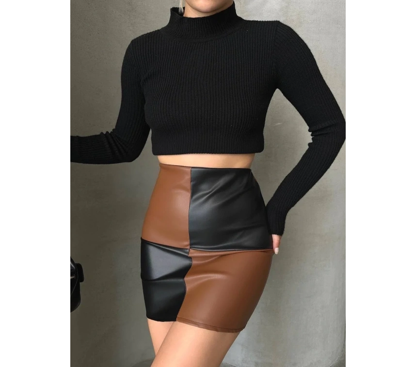 Damalı deri etek siyah kahve w24648