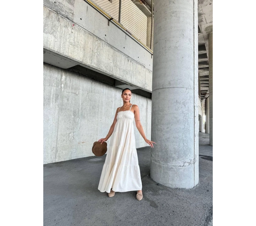 Dantelli askılı keten elbise s4310