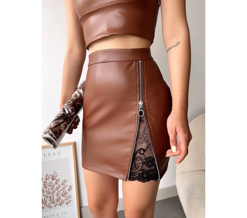 Dantelli fermuarlı deri etek kahve