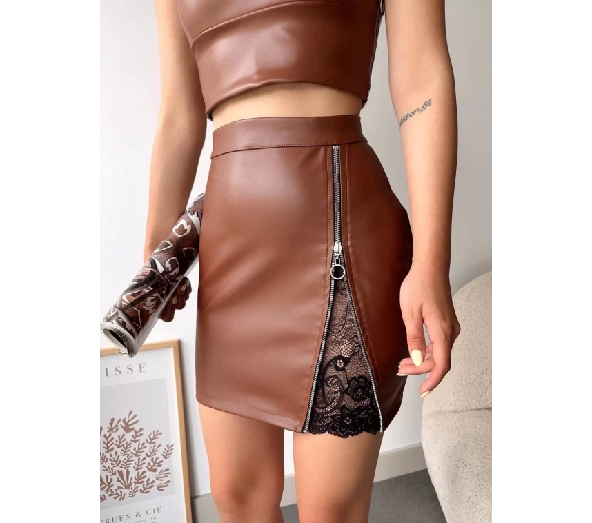 Dantelli fermuarlı deri etek kahve w24598