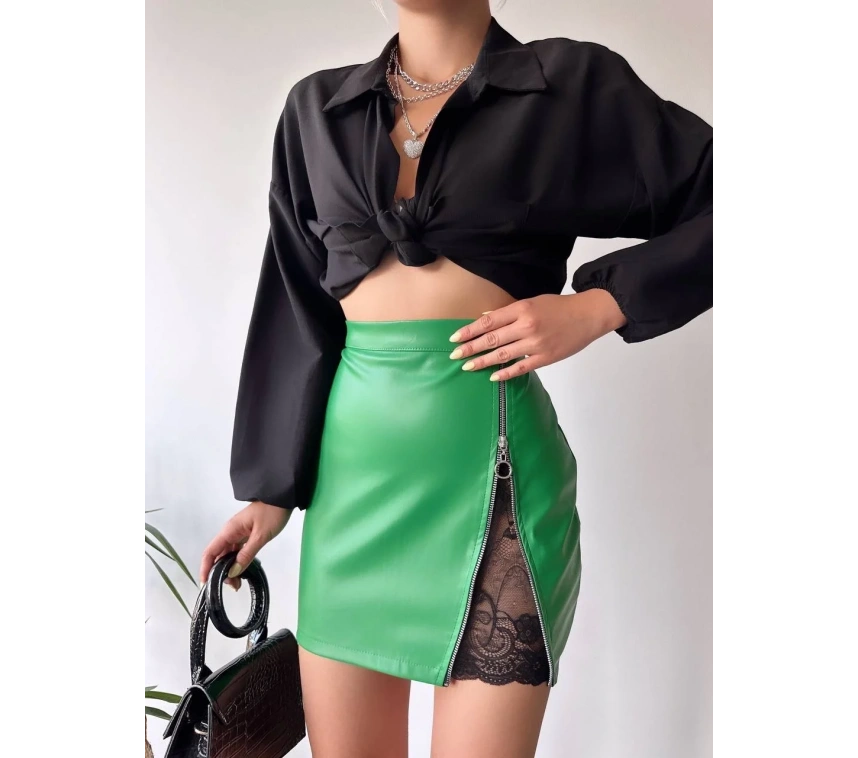 Dantelli fermuarlı deri etek yeşil
