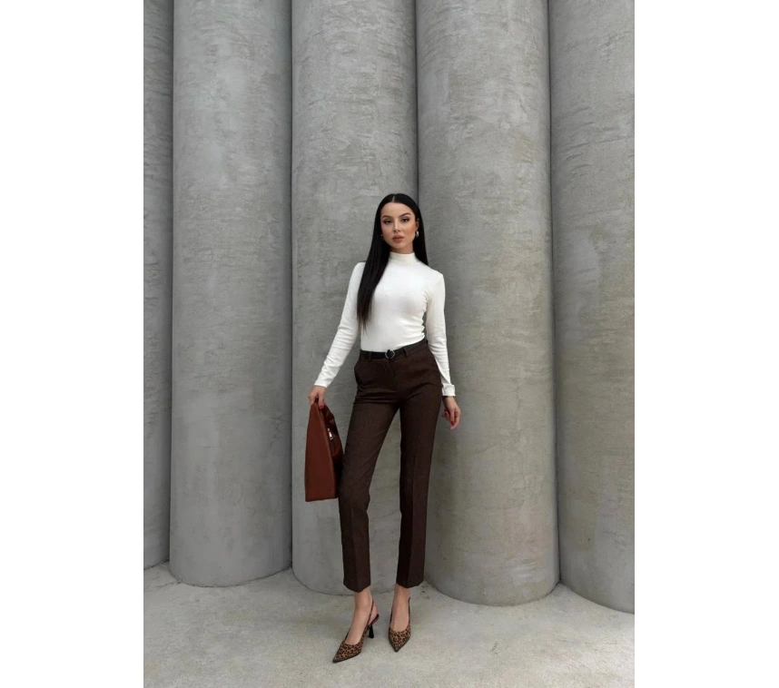 Dar paça kemerli kumaş pantolon kahve pt53