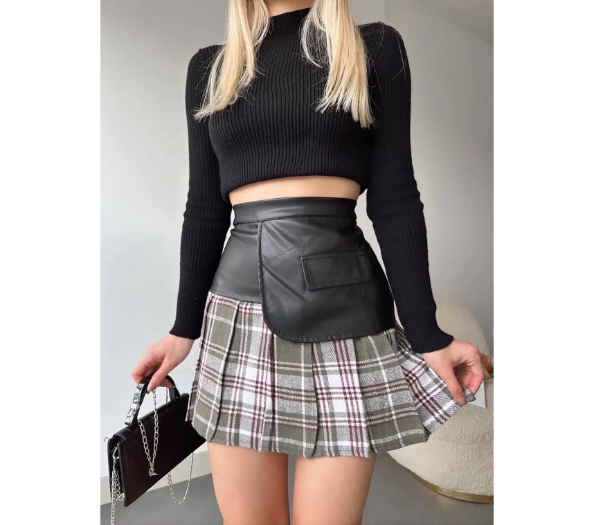 Deri garnili cepli ekose etek siyah s24604