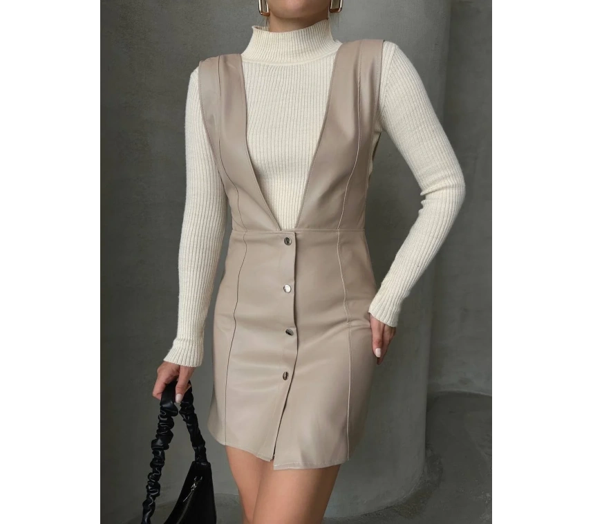 Deri jile elbise bej w24796