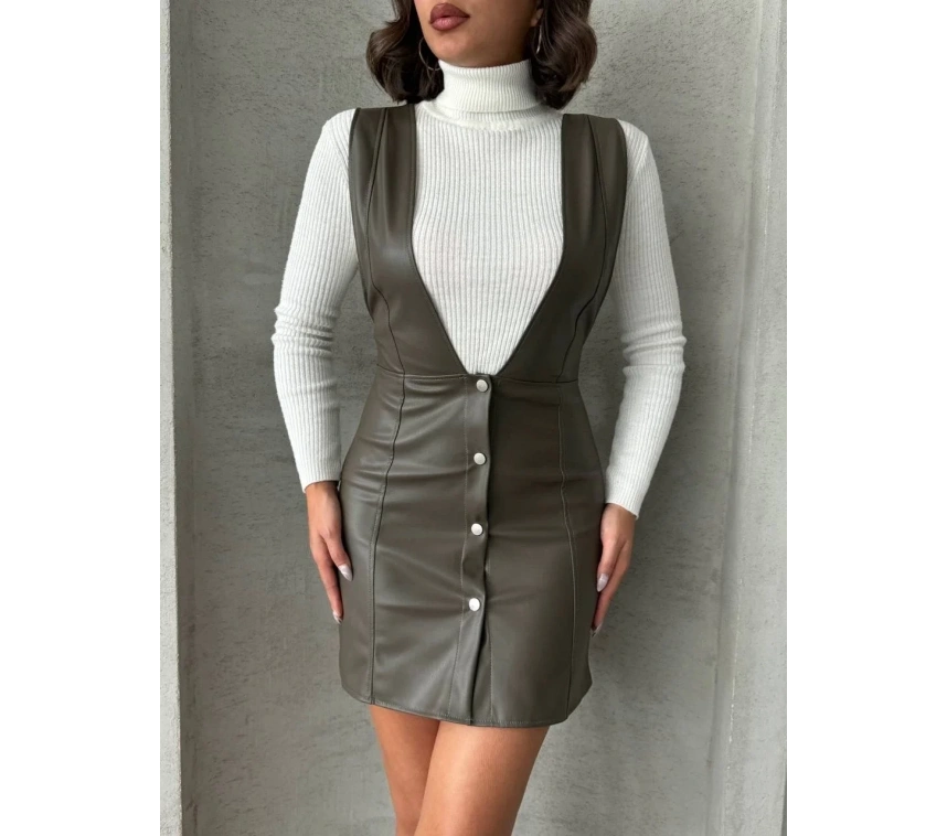 Deri jile elbise haki w24796