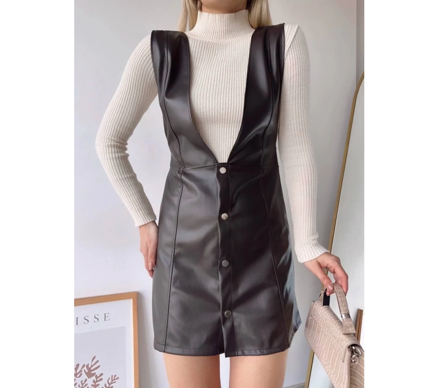 Deri jile elbise kahve w24796