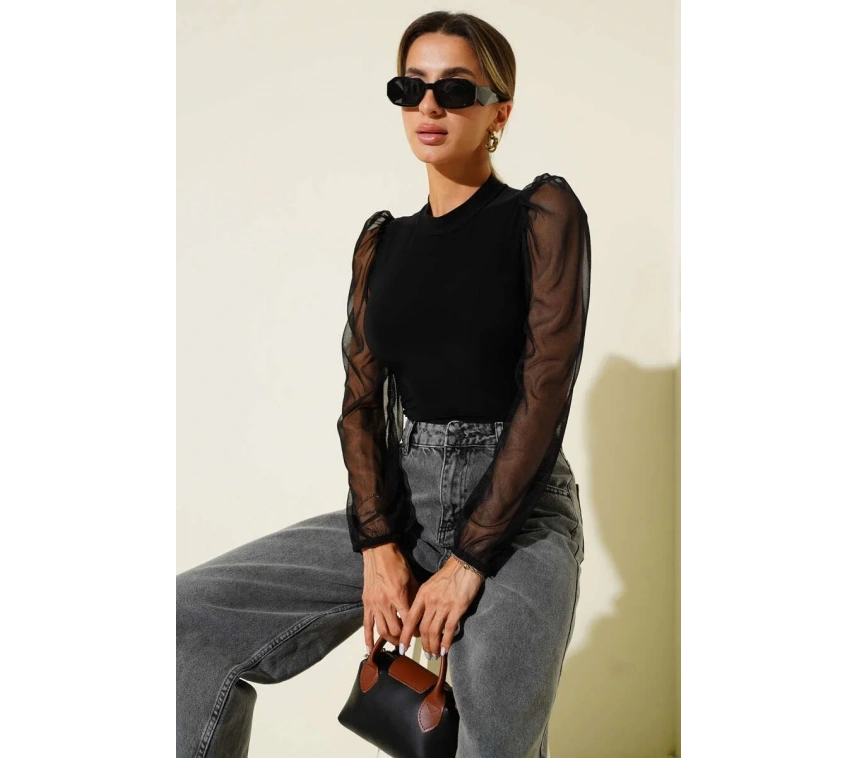 Dik yaka tül kollu bluz siyah