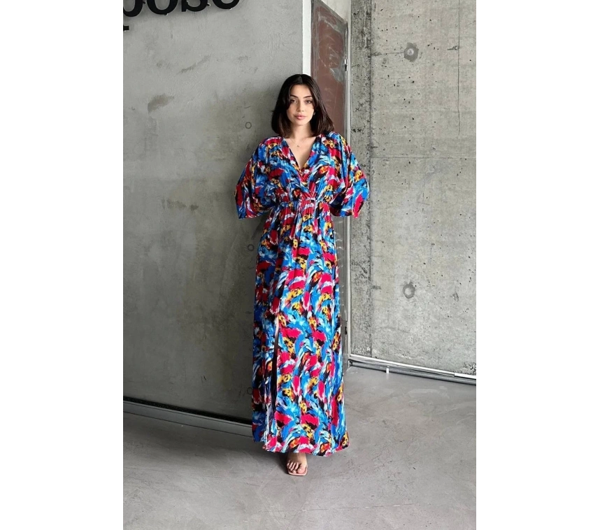 Dokuma baskılı yarasa kol elbise s8124