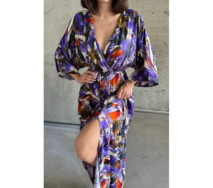 Dokuma baskılı yarasa kol elbise s8124