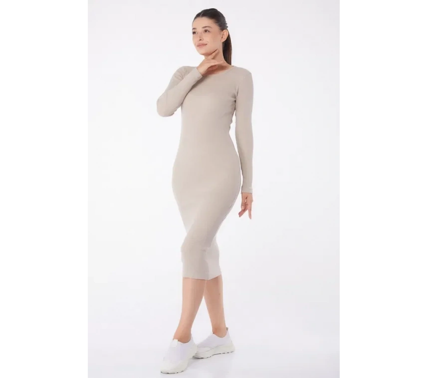 Düz Bisiklet Yaka Kadın Midi Elbise