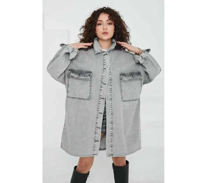 Düz Gömlek Yaka Kadın Gri Kuş Gözü Cepli Kot Ceket