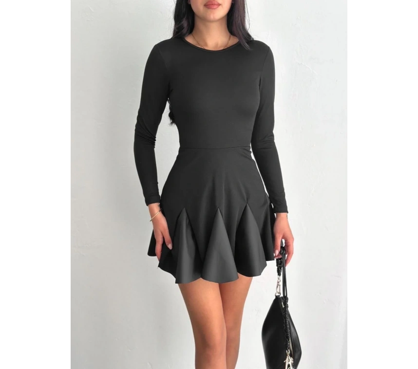 Eteği kloş crep mini elbise s1267