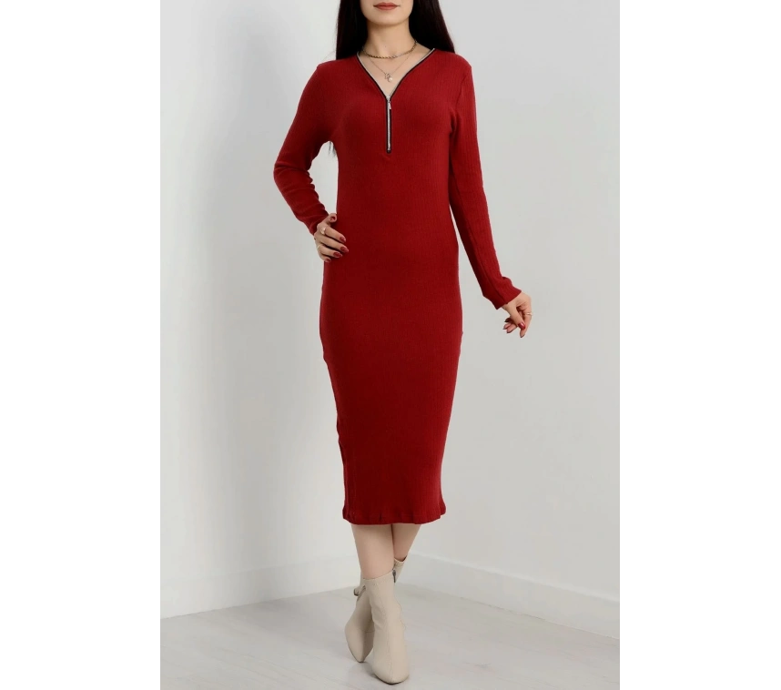 Fermuar detaylı fitilli şardonlu elbise bordo a3178