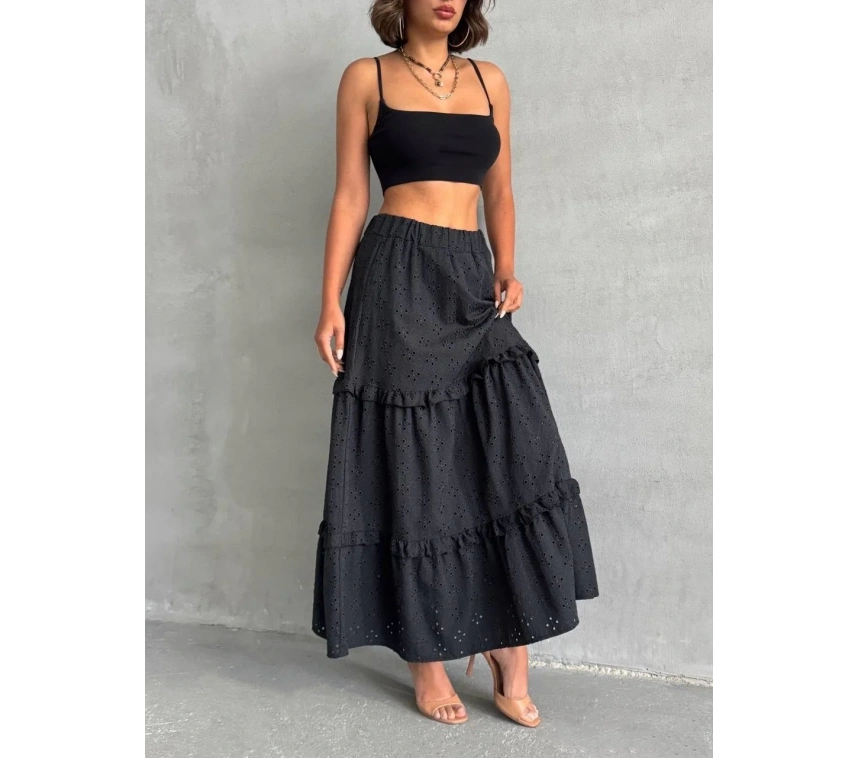 Fırfırlı brodeli astarlı uzun etek siyah s255047