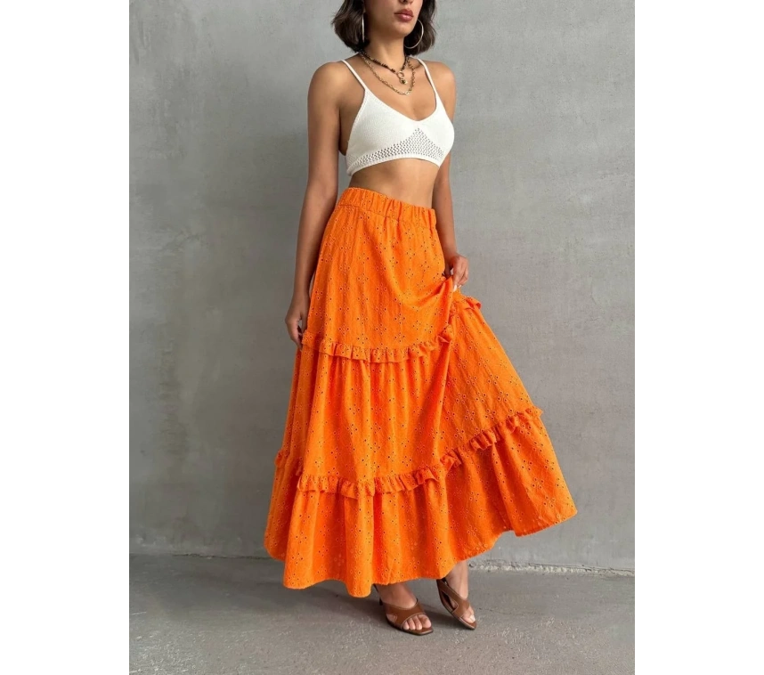 Fırfırlı brodeli astarlı uzun etek turuncu s255047